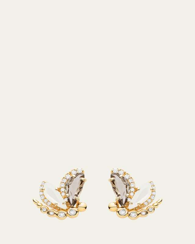 Petite Dragonfly Earrings in 18K Rose Gold with Smokey Quartz, Mother of Pearl and Diamonds
